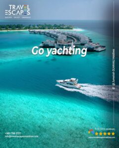 Luxury yachting experience in the Maldives with Travel Escapes Maldives, cruising through crystal-clear lagoons under the tropical sun.