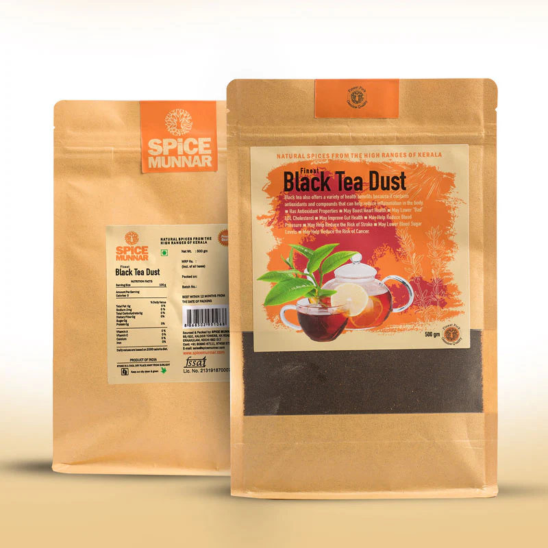 Black tea dust packed by Spice Munnar, finely ground Kerala black tea with strong aroma and rich flavour