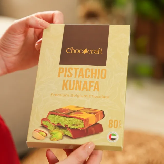 Pistachio Kunafa chocolate bar with crunchy kunafa layers and rich pistachio filling
