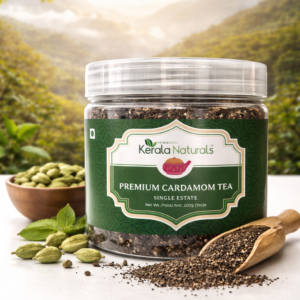 Cup of Kerala Naturals Premium Munnar Cardamom Tea with bright liquor and aromatic cardamom seeds