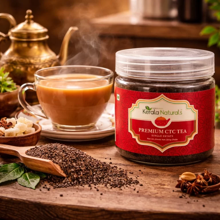 Cup of Kerala Naturals Premium Munnar CTC Tea with deep coppery colour, full-bodied flavour, and aromatic freshness from hand-picked Munnar leaves