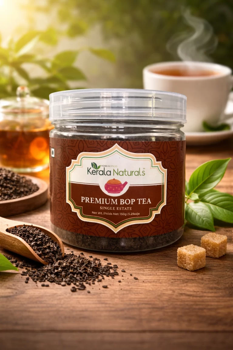 Cup of Kerala Naturals Premium Munnar BOP Tea with smooth, full-bodied brew and aromatic freshness from hand-picked Munnar leaves