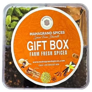 Spice box from Maha Grand Spices containing premium Kerala spices like cardamom, black pepper, cinnamon, and cloves in an elegant gift package.
