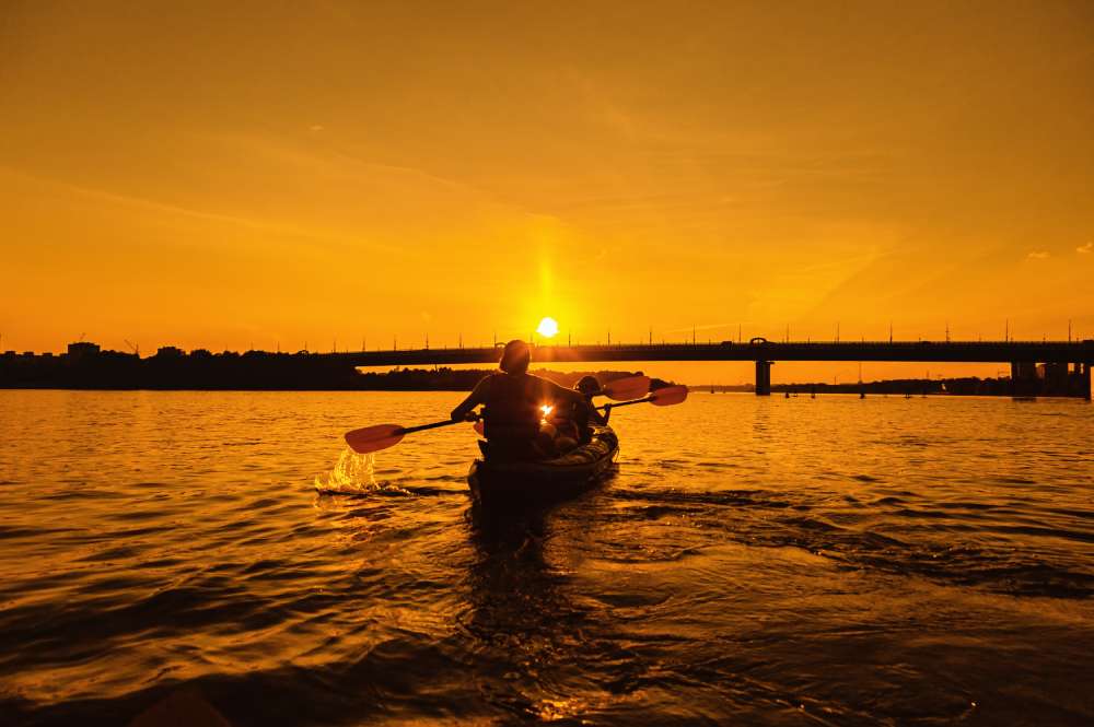 Night kayaking in Kochi through the peaceful backwaters of Kadamakkudy under a starry sky, surrounded by calm waters and lush mangroves.