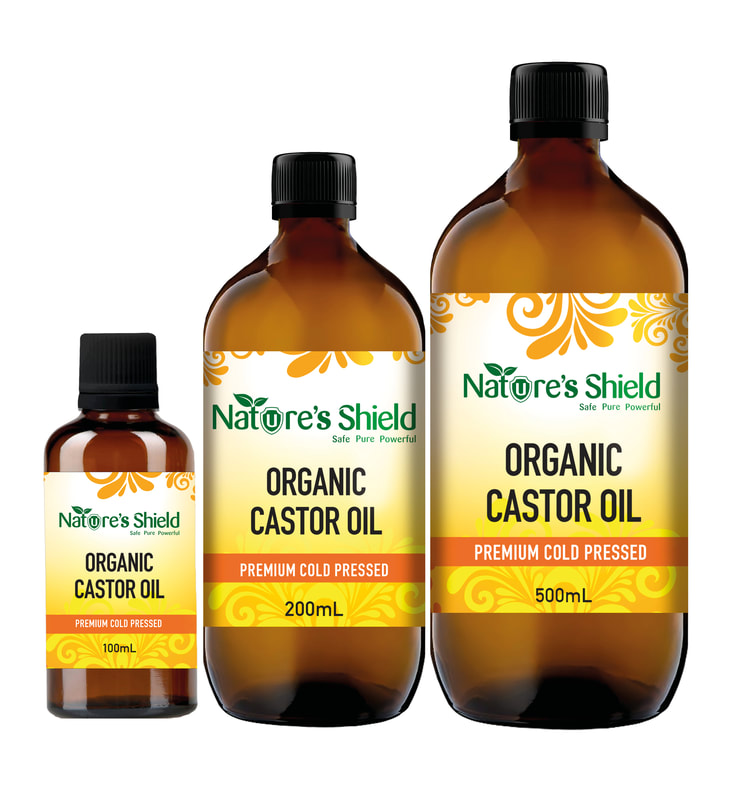 Nature's Shield Organic Castor Oil in a glass bottle made from certified organic, cold-pressed castor seeds