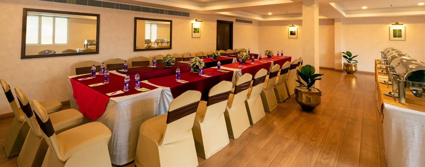Pavilion conference hall at Monsoon Empress in Kochi, designed for corporate meetings, workshops, and small business gatherings.